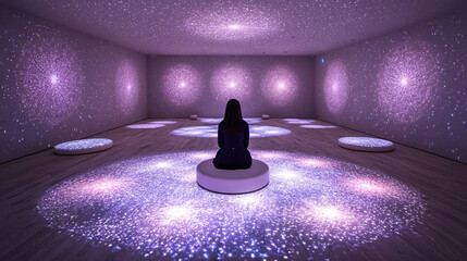 Futuristic aquarium tunnel with luminescent fish and interactive displays projecting 3D animations 