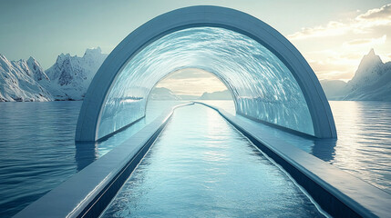Futuristic aquarium tunnel with luminescent fish and interactive displays projecting 3D animations 