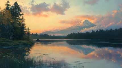 Fototapeta premium Serene Sunset View Of Mount Fuji Reflecting In Calm Lake Water