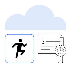 Runner icon, a digital certificate with a dollar sign, wristwatch seal, cloud background. Ideal for cloud storage, fitness tracking, certification, digital rewards, financial transactions time