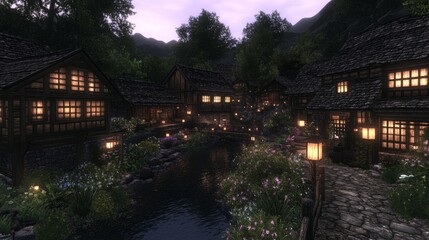 Fototapeta premium Enchanting Village at Dusk, Illuminated Houses, Serene River