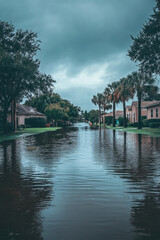 Obraz premium A flooded suburban street with rising water levels under an overcast sky, surrounded by houses and trees.