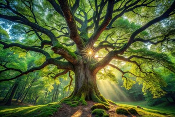 Fototapeta premium Soaring drone captures a hyperrealistic ancient oak, its majesty showcased in a vibrant, lush forest.