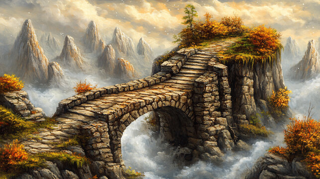 Giant open book whose pages form a bridge leading across a star-filled void, inviting viewers to traverse 