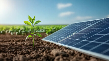 Fototapeta premium young plant grows beside solar panels, symbolizing sustainability and growth