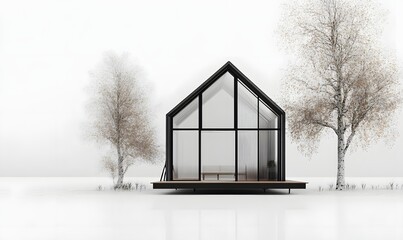 Modern minimalist glass house in winter setting.