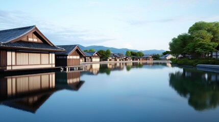 Fototapeta premium Tranquil Japanese Village by the Water