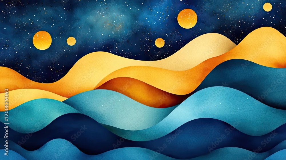 Poster galaxy watercolor idea. abstract waves with vibrant colors and celestial elements creating a dreamy 