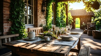 Fototapeta premium rustic outdoor table setting, summer brunch - rustic/farmhouse chic