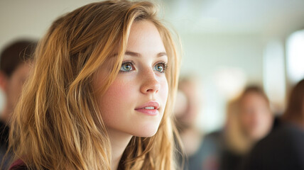 young woman with long, wavy hair and bright eyes, looking thoughtfully