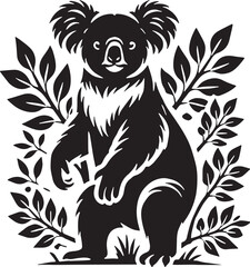 Black Color Koala Silhouette Vector Illustration, Solid White Background