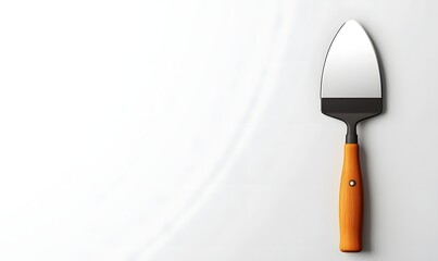 Orange-handled cake server on white background.