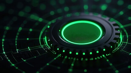Futuristic digital interface with green glowing elements and circular design.