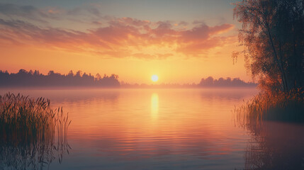 Stunning sunset over serene lake with silhouetted reeds creating a tranquil and picturesque scene reflecting vibrant colors in the water at dusk natures beauty on display