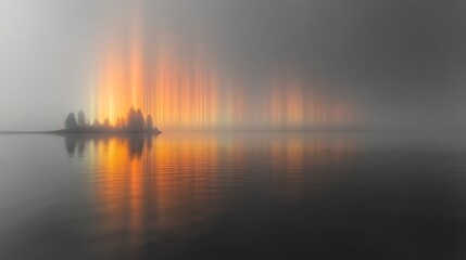 Misty Island Sunrise Light Beams Reflecting On Calm Water
