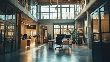 Fototapeta premium Modern Industrial Office Space: Sunlit contemporary office interior design showcasing an open plan layout, large windows, polished concrete floors, and minimalist workstations.