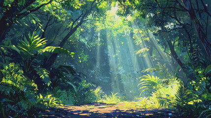 Obraz premium Forest painting with sunlight streaming through trees capturing natures beauty serenity and tranquility in a lush green environment perfect for home or office decor 180 chars exactly