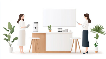 Fototapeta premium Modern office space with two women discussing ideas near water cooler