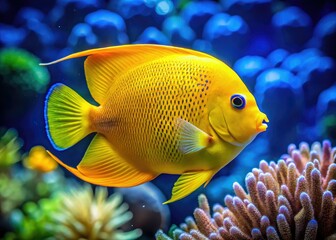 Vibrant threespot angelfish graces a panoramic underwater scene. High-resolution image.