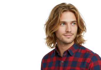 Handsome Man Long Blonde Hair Red Plaid Shirt Studio guy male face look model style young adult     