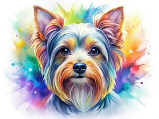 Fototapeta premium Whimsical Yorkshire Terrier watercolor, a surreal fantasy pet portrait.