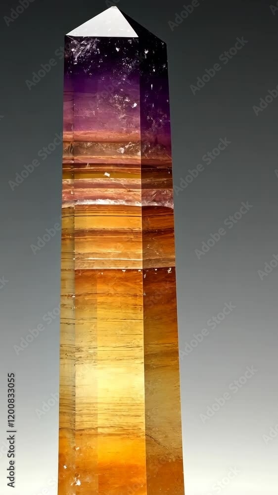 Poster colorful crystal tower with vibrant layers showcasing unique patterns and hues in a minimalist setti