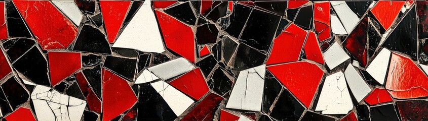 Abstract mosaic shards in bold shades of red, black, and white, creating sharp contrast,