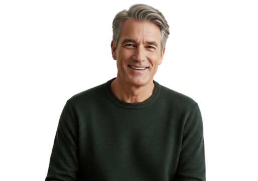 Happy Mature Man Smiling Portrait Studio Shot Green Sweater male face adult model photo image style 