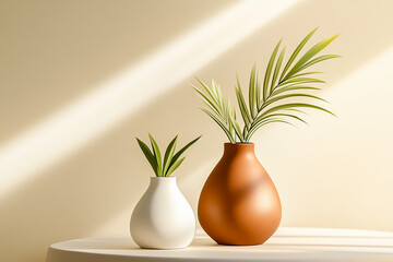 Photograph of Two Minimalist Modernist Vases with Terracotta and White Coloring