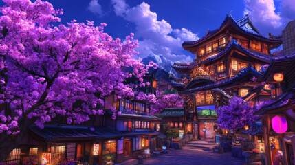 Fototapeta premium Evening Serenity Asian Town, Cherry Blossoms, Mountain View