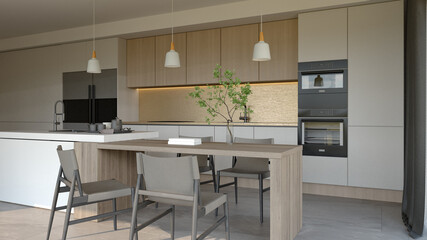A modern kitchen and dining area featuring wooden elements, minimalist decor, and contemporary lighting, creating an inviting atmosphere. 3d rendering.