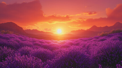 Fototapeta premium Stunning sunset over lavender fields with vibrant colors and scenic landscape in the background perfect for relaxation and nature lovers capturing beautiful scenic views at dusk
