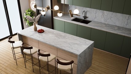 A modern kitchen featuring a large marble island, stylish seating, green cabinetry, and contemporary lighting. 3d rendering dining top view.