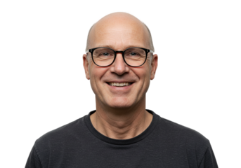 Happy Mature Man Smiling Portrait Studio Shot Black Background Male Face Bald Adult Image Photo     