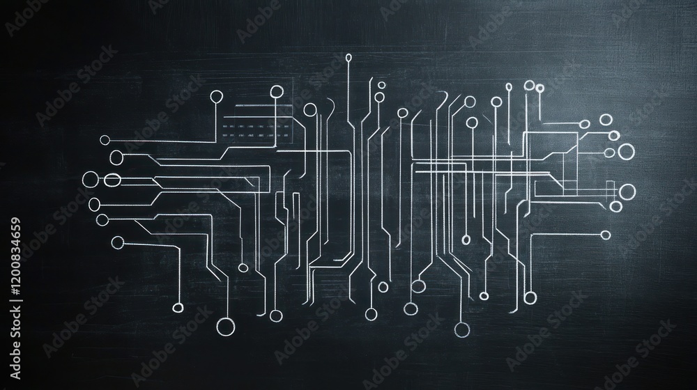 Poster abstract circuit board design sketched on dark background.