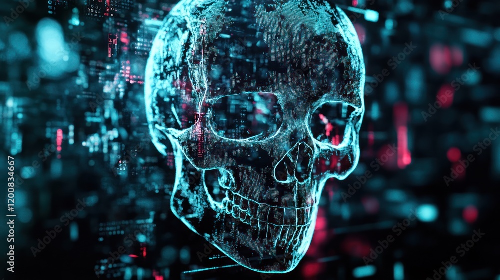 Aufkleber digital skull composed of data streams.