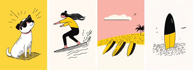 Hand drawn whimsical style summer surfing illustrations