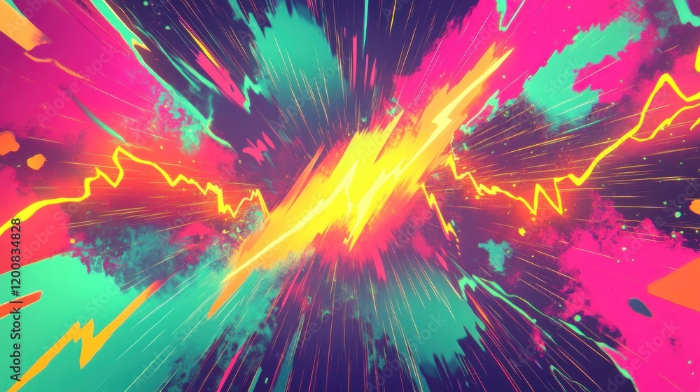 Poster abstract vibrant explosion with dynamic energy lines and color splashes.