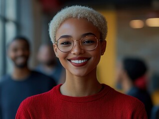 Obraz premium Smiling Woman with Short Curly Hair and Glasses in Indoor Setting