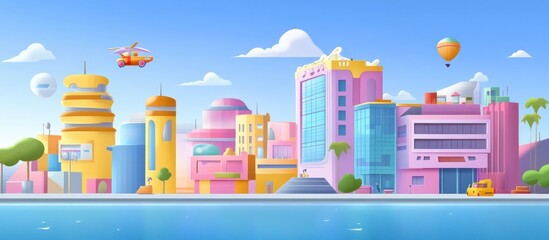 Fototapeta premium Futuristic Coastal Cityscape: A Vibrant, Whimsical Metropolis by the Sea