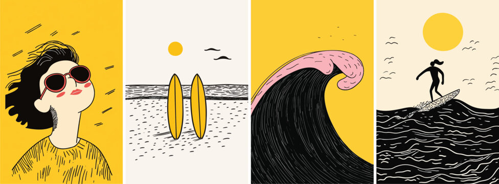 Hand drawn whimsical style summer surfing illustrations