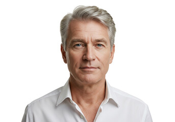 Obraz premium Portrait Serious Mature Man Gray Hair White Shirt Studio Face Male Adult Model Image Photo Human 