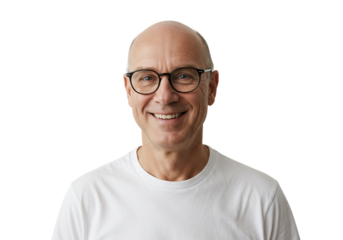 Happy Smiling Bald Man Wearing Glasses White TShirt Studio Portrait Face Male Adult Model Image     