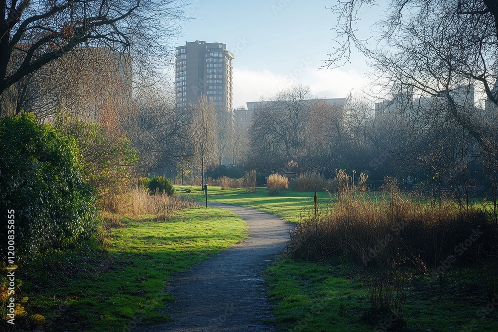 Poster a city park with a path through it and a large building in the background. a tranquil pathway meande