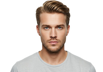 Obraz premium Handsome Man Portrait Studio Shot Casual Grey TShirt Blond Hair Cut Guy Male Face Model Young Style 