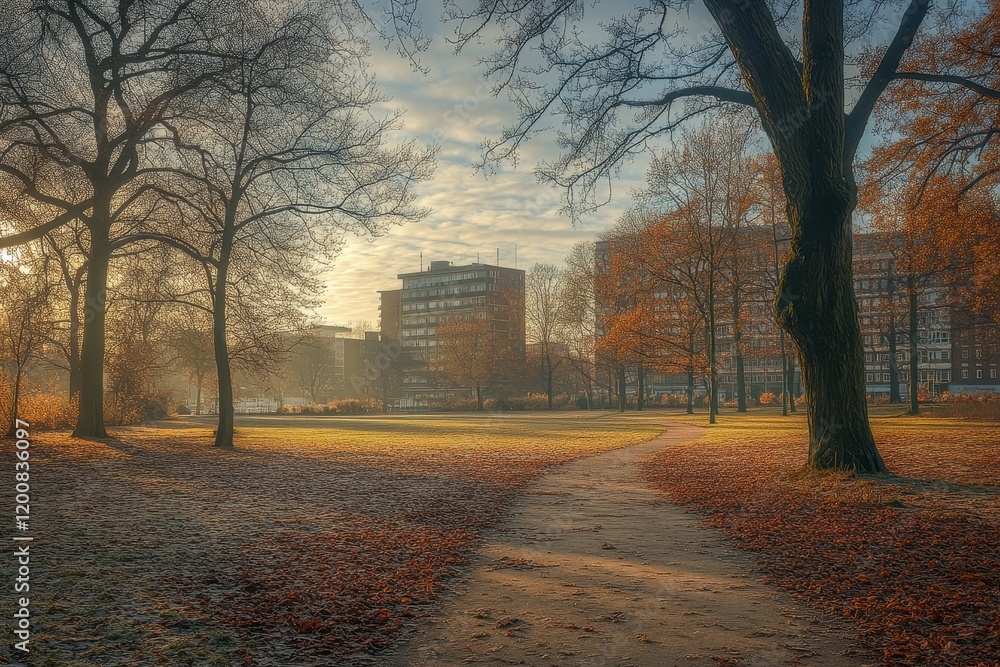 Poster a city park with a path through it and a large building in the background. a tranquil pathway meande