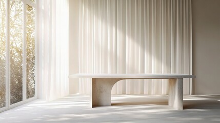 Fototapeta premium Modern Minimalist Interior Design: A pristine white stone table with a contemporary, abstract design stands against a backdrop of flowing curtains.