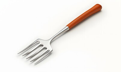 Small metal garden fork with orange handle isolated on white.