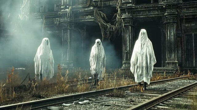 Ghostly figures wander along abandoned railway tracks in a hauntingly beautiful landscape filled with fog