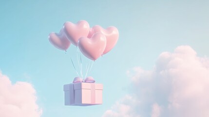 A Box flying on a parachute with pink cloud in valentine day,package flying down from sky and cloud with parachute, concept for delivery service,shopping online,air delivery service.